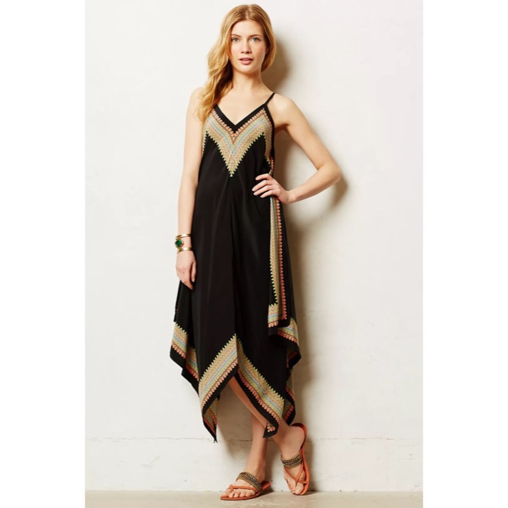 Anthropologie Black Maxi Slip Dress with Chevron Accent